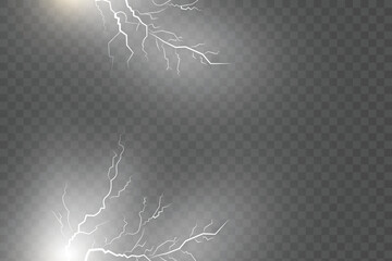 Poster - Light white isolated vector lightning png. Magic light abstract lines. Realistic natural lightning effects.