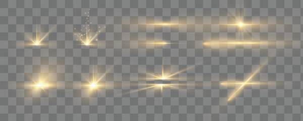 Poster - A set of various yellow flashes of light, as well as stars, bright dust and rays of light. Flying star effect.