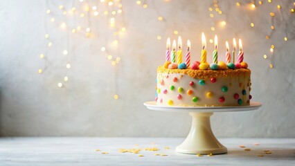 Poster - A Festive Birthday Cake with Colorful Candies and Lit Candles on a Cake Stand Against a Sparkling Background