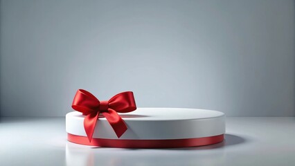 Poster - A pristine white cylindrical platform adorned with a vibrant red ribbon bow, ideal for showcasing products or gifts on a minimalist background