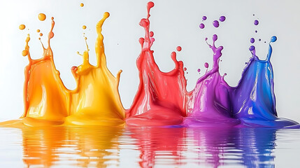 Poster - Colorful liquid paint splashes creating abstract forms reflections on water surface against white background