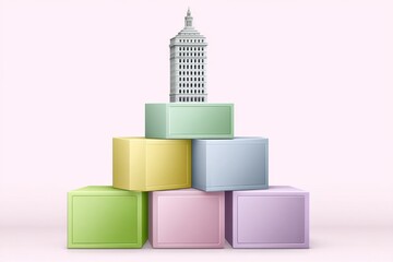 Poster - A clean design of city blocks represented by abstract geometric shapes and one rising tower