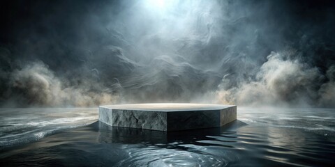 Aufkleber - Hexagonal stone platform set on dark water, misty mountain backdrop, mysterious atmosphere