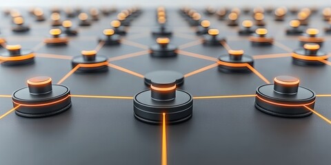 Poster - Abstract Network Connection Technology Concept Image Showing Interconnected Nodes Illuminated with Orange Light Representing Global Communication Data Transfer and Digital Networking