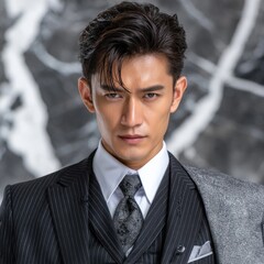 Poster - A man in a suit and tie is standing in front of a marble wall