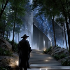 Aufkleber - A man wearing a hat is walking down a path in a forest