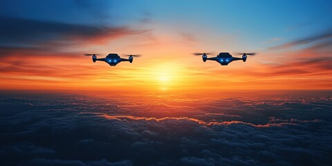 Poster - Two drones fly above the clouds during a vibrant, colorful sunset, capturing the beauty of the sky and horizon.