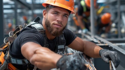Aufkleber - A man in a hard hat and orange safety vest is working on a construction site