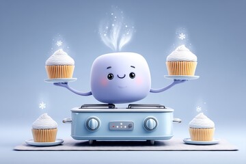 Poster - A stylized 3D cartoon oven character baking muffins with a smiling face and steam coming from the top