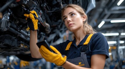 Poster - A woman is working on a car with a tablet in her hand