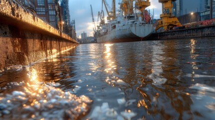 Poster - A large ship is docked at a pier with a body of water in front of it