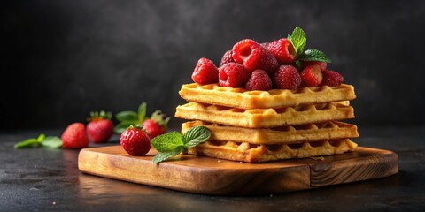 Poster - A stack of golden waffles, adorned with fresh raspberries and mint leaves, rests elegantly on a rustic wooden board.