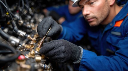 Poster - A man in a blue and orange jumpsuit is working on a machine