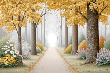 Leinwandbilder - A watercolor painting of a dreamy forest lane covered in autumn leaves and soft light through branches