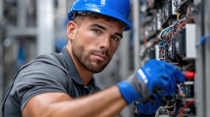 Poster - A man in a blue hat and blue gloves is working on a power box