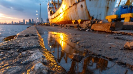Poster - A large ship is docked at a pier
