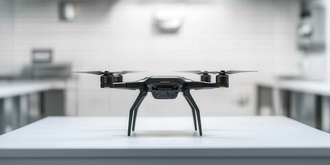 Poster - A modern black drone with four propellers is placed on a table in a clean, bright indoor environment.