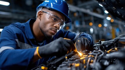 Poster - A man in a blue jacket and a blue helmet is working on a car engine