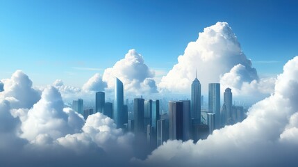 Poster - Futuristic skyscrapers rise above the clouds under a bright blue sky, creating a dreamy, modern cityscape.