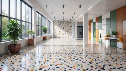 Aufkleber - Sunlit Modern Hallway with Colorful Terrazzo Floor and Abstract Wall Art
