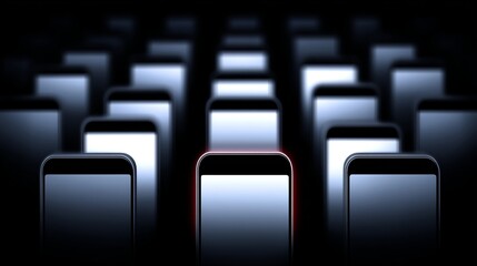 Poster - A dark scene of glowing smartphones lined up in rows. The focus is on the front phone with a highlighted edge. This image symbolizes technology and connectivity in modern life. AI