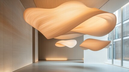 Poster - Ceiling Grandeur Concept, Floating Contemporary Art Installation in Modern Gallery Space with Warm Wooden Ceiling Design