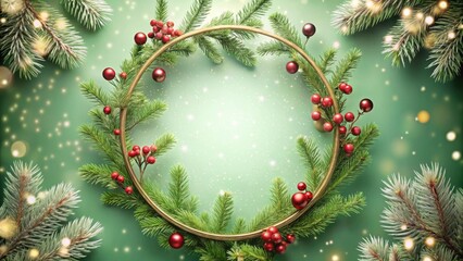 Poster - Festive Evergreen Wreath with Sparkling Lights and Red Berries Encircling a Gold Frame on a Soft Green Background