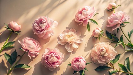 Poster - Elegant Pastel Peonies Arranged in a Sunlit Aesthetic Composition Featuring Delicate Blooms and Lush Greenery