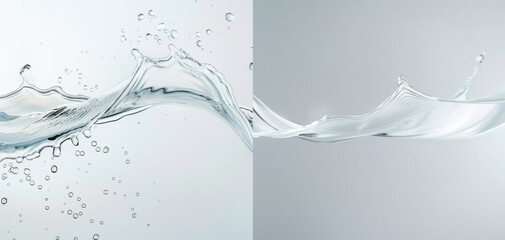 Poster - Elegant splash of clear water creates mesmerizing visual on light background, showcasing beauty and fluidity of nature. dynamic movement evokes sense of freshness and tranquility