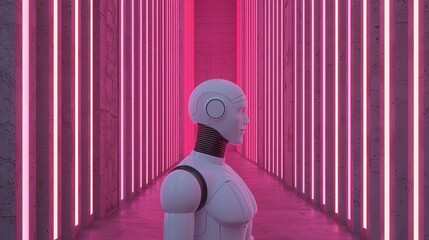 Aufkleber - A humanoid robot stands in a futuristic hallway illuminated by vibrant pink neon lights.