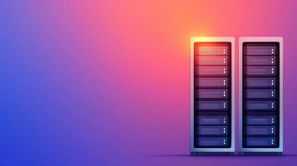 Poster - Two data server racks stand against a vibrant gradient background, symbolizing modern technology and digital infrastructure.