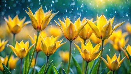 Poster - Radiant Yellow Tulips Glistening Under a Gentle Spring Rain Shower in a Vibrant Garden