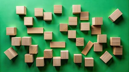Leinwandbilder - Unstructured Wooden Cubes Arranged on a Vibrant Green Surface Creating an Abstract Composition