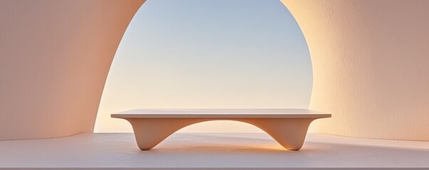 Poster - Minimalist bench with modern, smooth curves sits under an arched opening, bathed in soft, natural light against a pastel sky.