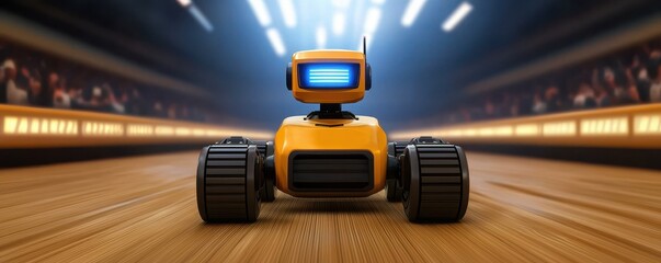 Poster - A small yellow robot with large wheels races on a wooden track in a brightly lit arena, cheered by a blurred audience.