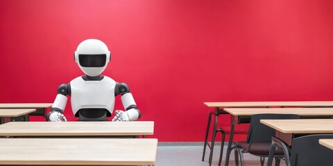 Poster - A humanoid robot sits alone at a desk in an empty classroom with a bright red wall.