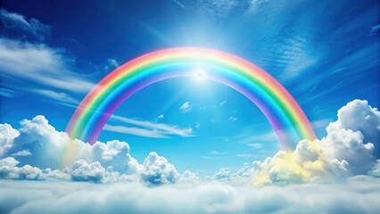 Poster - Serene Rainbow Arcing Over a Sea of Fluffy Clouds, Bright Sun Shining Through, Peaceful and Dreamlike Sky