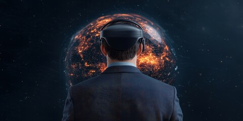Poster - A man in a suit wears a VR headset, facing a glowing digital globe in a dark, futuristic setting.
