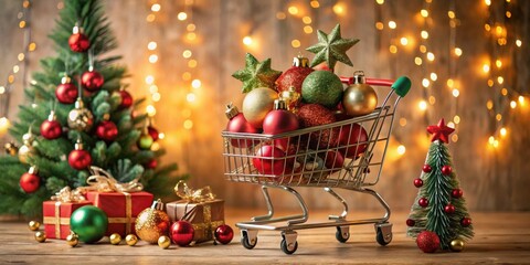 Poster - A miniature shopping cart overflowing with festive ornaments, nestled amidst twinkling lights and miniature Christmas trees, symbolizes the joy of the holiday season and the spirit of gift-giving.
