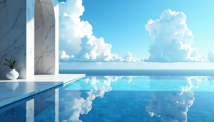 Wall Mural - serene blue sky reflected in smooth marble surface , view, scene