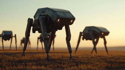 Poster - Four-legged robotic machines walk across a grassy field at sunset, evoking a futuristic and technological atmosphere.