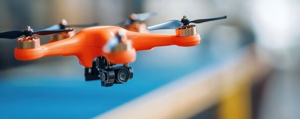 Poster - A bright orange quadcopter drone with a camera is flying indoors, captured in sharp focus against a blurred background.