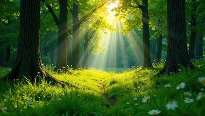 Wall Mural - Sun-dappled forest floor with lush green grass , serene, soil