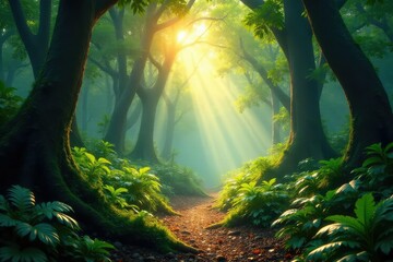 Sticker - Sun dappled rainforest floor, lush green vegetation, sunlight filtering through canopy , lush, vibrant green