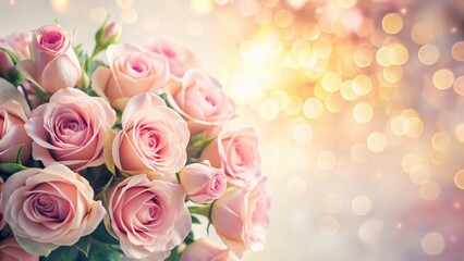 Poster - A Delicate Bouquet of Pastel Pink Roses with a Soft, Golden, Sparkling Background