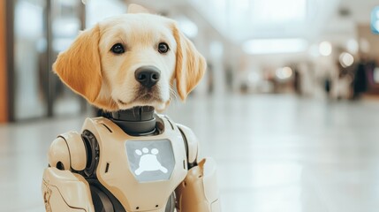 Poster - A golden retriever puppy with a robotic body stands indoors, blending cute canine features with futuristic technology.
