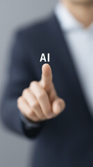Poster - Business professional in a suit is pointing at the word AI displayed in front of him, symbolizing the impact of artificial intelligence on modern technology and business innovation