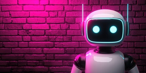 Poster - A cute robot with glowing eyes stands against a vibrant pink brick wall, illuminated by neon lighting.