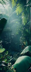 Poster - a dense verdant tropical forest scene with a lush canopy of leafy green plants and trees casting dap