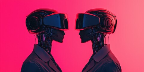 Poster - Two humanoid robots with VR headsets face each other against a vibrant pink background.